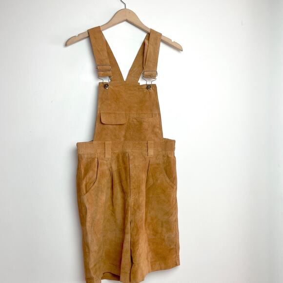 Vintage 90s Western Boho Cottagecore Suede Leather Overall Romper Shorts Sz M - Picture 1 of 10